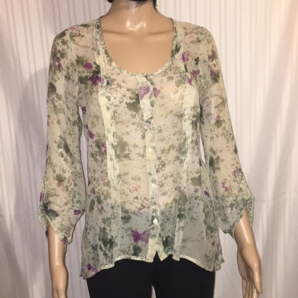 HANG TEN Women's Sheer Floral Blouse Medium